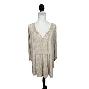 Ava James Knit Blouse Tunic Top Plus Size 3X Beige Tiered 3/4 Sleeves Flowy V